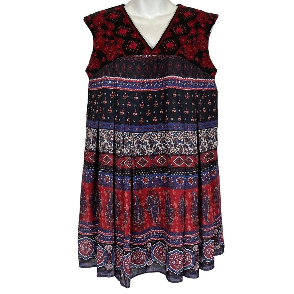 Kas New York Embroidered Pleated V-Neck Mini Dress Tunic Top Paisley Boho sz S